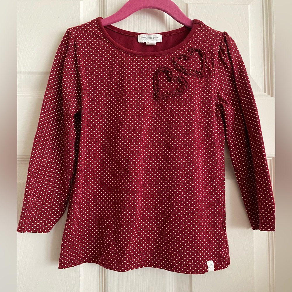 LKNEW Pumpkin Patch Girl’s Size 4 Long Sleeve Tshirt Hearts Burgundy Cream Dot
